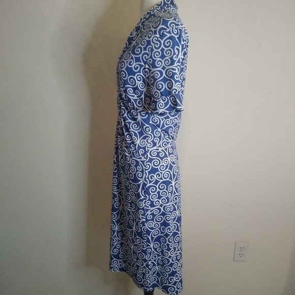 Scroll Chain Blue +White Midi Career Dress, Size Medium - Picture 2 of 7